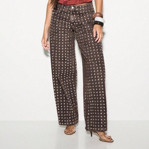 Women's metallic Studded Wide Leg Jeans bottons pants - Picture 5 of 5